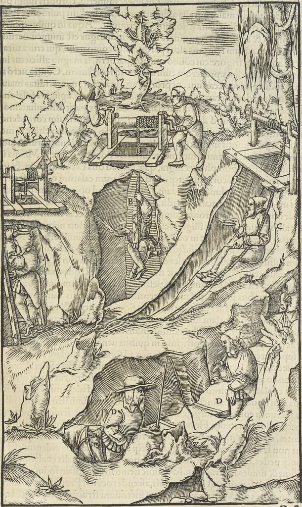 An illustration from Georgii Agricolae De re metallica : libri XII. Quibus officia, instrumenta, machinae, ac omnia deni[que] ad metallicam spectantia, non modo luculentissimè describuntur, sed & per effigies, suis locis infertas, adiunctis latinis, germanicis [que] appellationibus ita ob oculos ponuntur, ut clarius tradi non possint. ; Eiusdem De animantibus subterraneis liber,, 1556, leaf 190