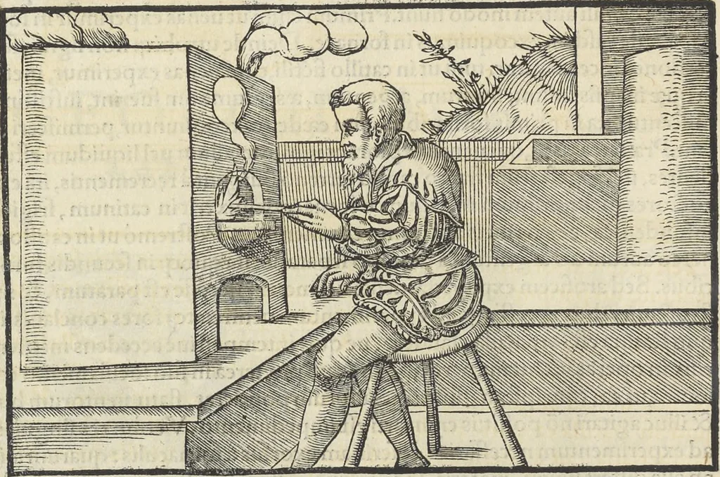 An illustration from Georgii Agricolae De re metallica : libri XII. Quibus officia, instrumenta, machinae, ac omnia deni[que] ad metallicam spectantia, non modo luculentissimè describuntur, sed & per effigies, suis locis infertas, adiunctis latinis, germanicis [que] appellationibus ita ob oculos ponuntur, ut clarius tradi non possint. ; Eiusdem De animantibus subterraneis liber,, 1556, leaf 195