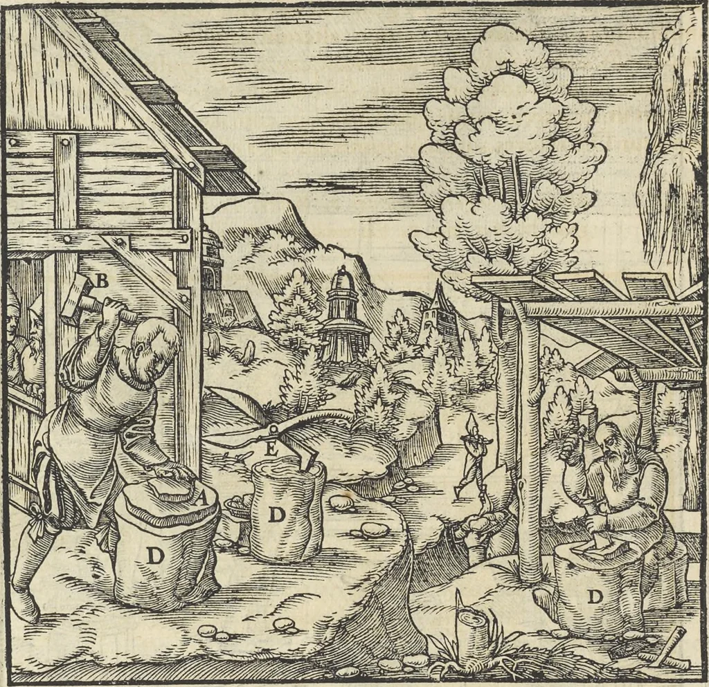 An illustration from Georgii Agricolae De re metallica : libri XII. Quibus officia, instrumenta, machinae, ac omnia deni[que] ad metallicam spectantia, non modo luculentissimè describuntur, sed & per effigies, suis locis infertas, adiunctis latinis, germanicis [que] appellationibus ita ob oculos ponuntur, ut clarius tradi non possint. ; Eiusdem De animantibus subterraneis liber,, 1556, leaf 229