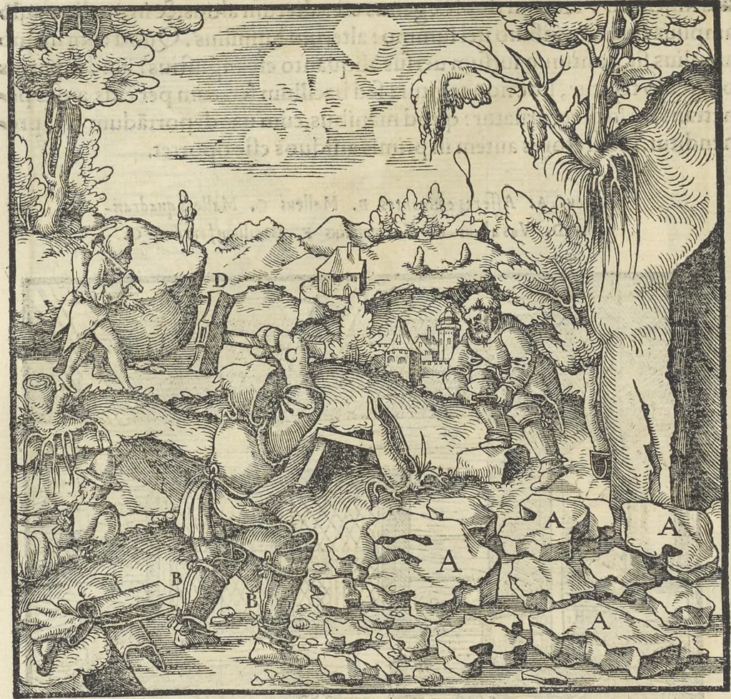An illustration from Georgii Agricolae De re metallica : libri XII. Quibus officia, instrumenta, machinae, ac omnia deni[que] ad metallicam spectantia, non modo luculentissimè describuntur, sed & per effigies, suis locis infertas, adiunctis latinis, germanicis [que] appellationibus ita ob oculos ponuntur, ut clarius tradi non possint. ; Eiusdem De animantibus subterraneis liber,, 1556, leaf 231