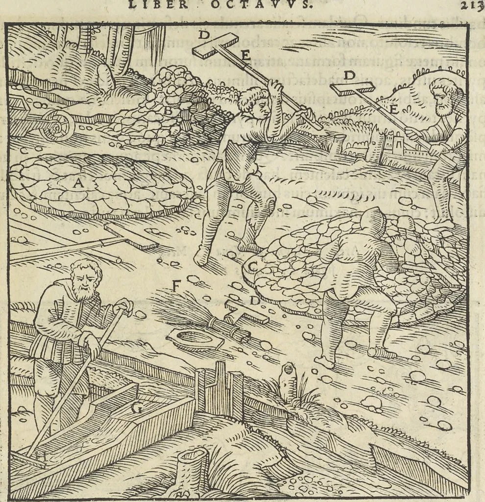 An illustration from Georgii Agricolae De re metallica : libri XII. Quibus officia, instrumenta, machinae, ac omnia deni[que] ad metallicam spectantia, non modo luculentissimè describuntur, sed & per effigies, suis locis infertas, adiunctis latinis, germanicis [que] appellationibus ita ob oculos ponuntur, ut clarius tradi non possint. ; Eiusdem De animantibus subterraneis liber,, 1556, leaf 232