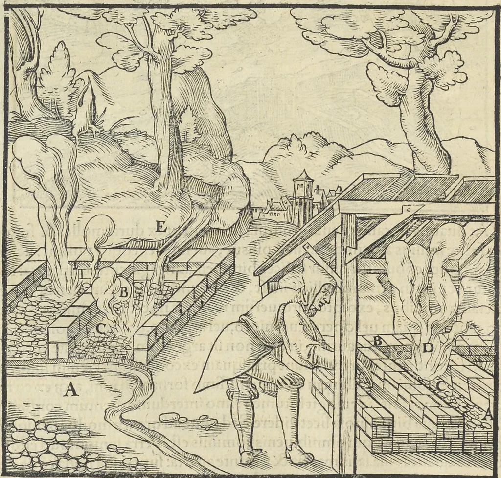An illustration from Georgii Agricolae De re metallica : libri XII. Quibus officia, instrumenta, machinae, ac omnia deni[que] ad metallicam spectantia, non modo luculentissimè describuntur, sed & per effigies, suis locis infertas, adiunctis latinis, germanicis [que] appellationibus ita ob oculos ponuntur, ut clarius tradi non possint. ; Eiusdem De animantibus subterraneis liber,, 1556, leaf 233