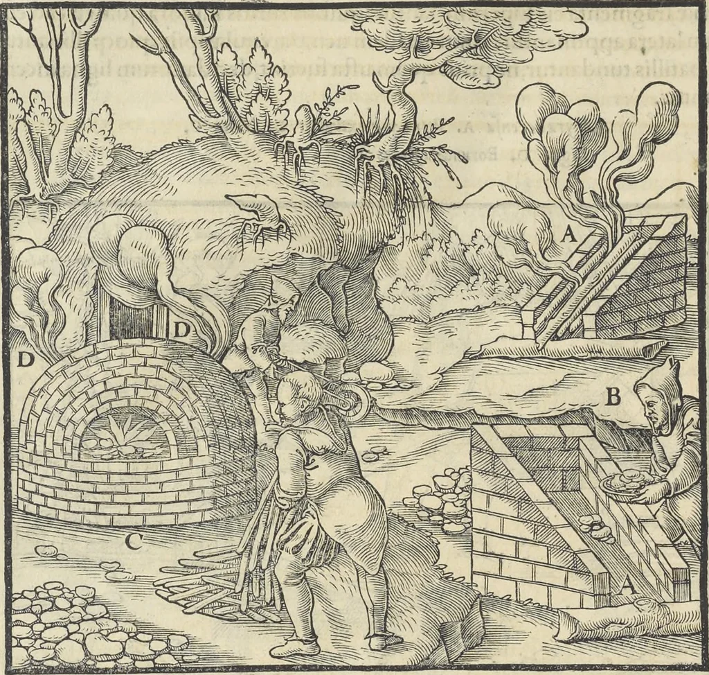 An illustration from Georgii Agricolae De re metallica : libri XII. Quibus officia, instrumenta, machinae, ac omnia deni[que] ad metallicam spectantia, non modo luculentissimè describuntur, sed & per effigies, suis locis infertas, adiunctis latinis, germanicis [que] appellationibus ita ob oculos ponuntur, ut clarius tradi non possint. ; Eiusdem De animantibus subterraneis liber,, 1556, leaf 235