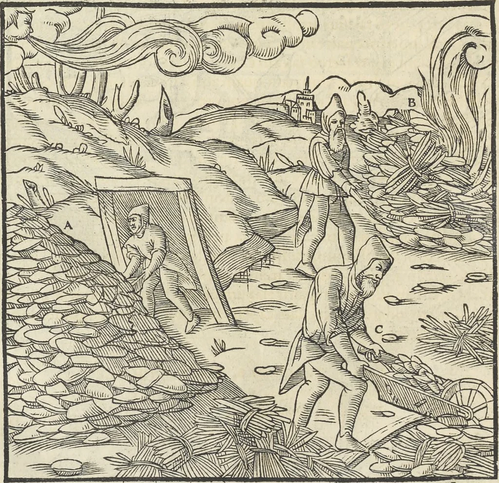 An illustration from Georgii Agricolae De re metallica : libri XII. Quibus officia, instrumenta, machinae, ac omnia deni[que] ad metallicam spectantia, non modo luculentissimè describuntur, sed & per effigies, suis locis infertas, adiunctis latinis, germanicis [que] appellationibus ita ob oculos ponuntur, ut clarius tradi non possint. ; Eiusdem De animantibus subterraneis liber,, 1556, leaf 237