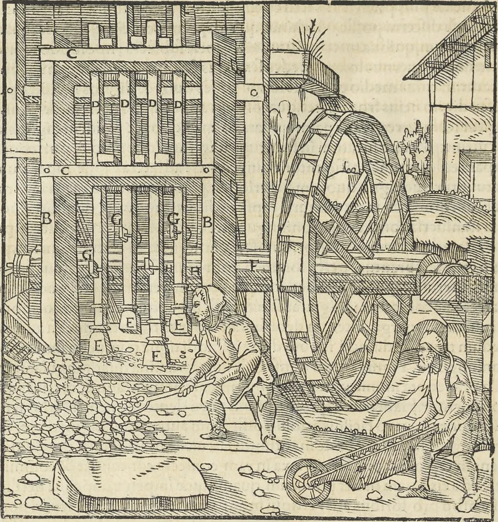 An illustration from Georgii Agricolae De re metallica : libri XII. Quibus officia, instrumenta, machinae, ac omnia deni[que] ad metallicam spectantia, non modo luculentissimè describuntur, sed & per effigies, suis locis infertas, adiunctis latinis, germanicis [que] appellationibus ita ob oculos ponuntur, ut clarius tradi non possint. ; Eiusdem De animantibus subterraneis liber,, 1556, leaf 239