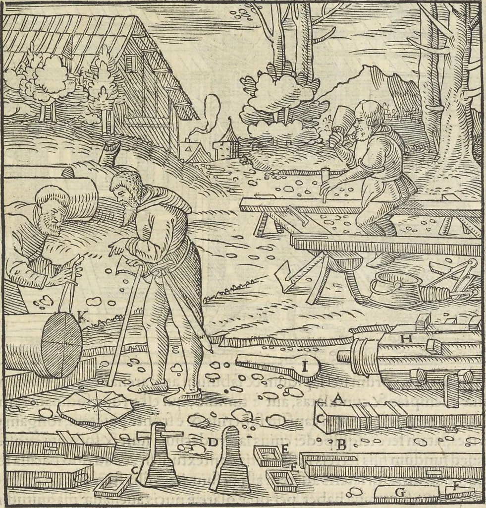 An illustration from Georgii Agricolae De re metallica : libri XII. Quibus officia, instrumenta, machinae, ac omnia deni[que] ad metallicam spectantia, non modo luculentissimè describuntur, sed & per effigies, suis locis infertas, adiunctis latinis, germanicis [que] appellationibus ita ob oculos ponuntur, ut clarius tradi non possint. ; Eiusdem De animantibus subterraneis liber,, 1556, leaf 240