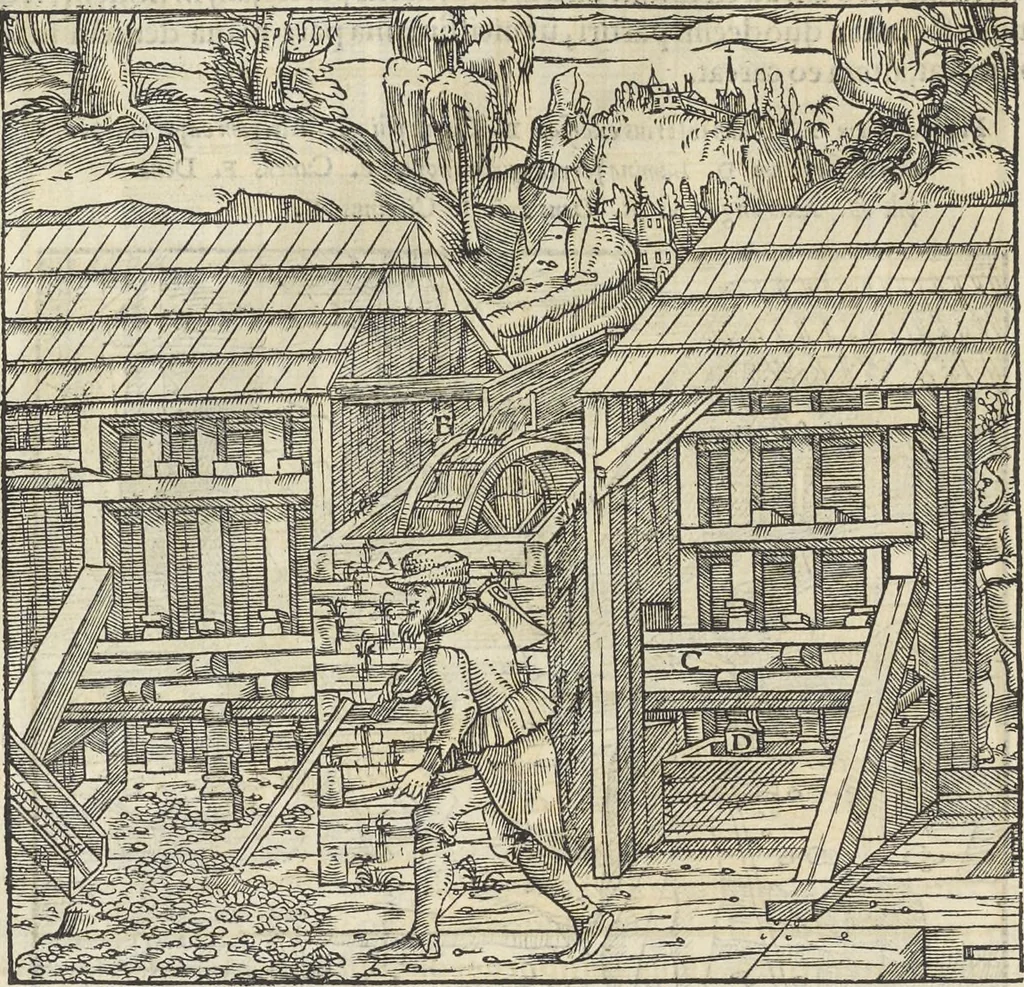 An illustration from Georgii Agricolae De re metallica : libri XII. Quibus officia, instrumenta, machinae, ac omnia deni[que] ad metallicam spectantia, non modo luculentissimè describuntur, sed & per effigies, suis locis infertas, adiunctis latinis, germanicis [que] appellationibus ita ob oculos ponuntur, ut clarius tradi non possint. ; Eiusdem De animantibus subterraneis liber,, 1556, leaf 241