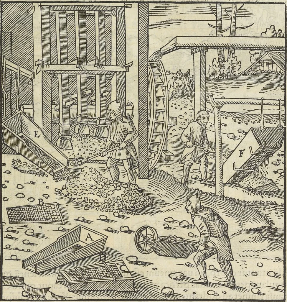 An illustration from Georgii Agricolae De re metallica : libri XII. Quibus officia, instrumenta, machinae, ac omnia deni[que] ad metallicam spectantia, non modo luculentissimè describuntur, sed & per effigies, suis locis infertas, adiunctis latinis, germanicis [que] appellationibus ita ob oculos ponuntur, ut clarius tradi non possint. ; Eiusdem De animantibus subterraneis liber,, 1556, leaf 242
