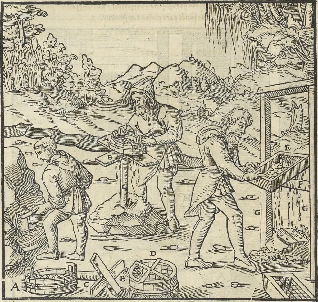 An illustration from Georgii Agricolae De re metallica : libri XII. Quibus officia, instrumenta, machinae, ac omnia deni[que] ad metallicam spectantia, non modo luculentissimè describuntur, sed & per effigies, suis locis infertas, adiunctis latinis, germanicis [que] appellationibus ita ob oculos ponuntur, ut clarius tradi non possint. ; Eiusdem De animantibus subterraneis liber,, 1556, leaf 243
