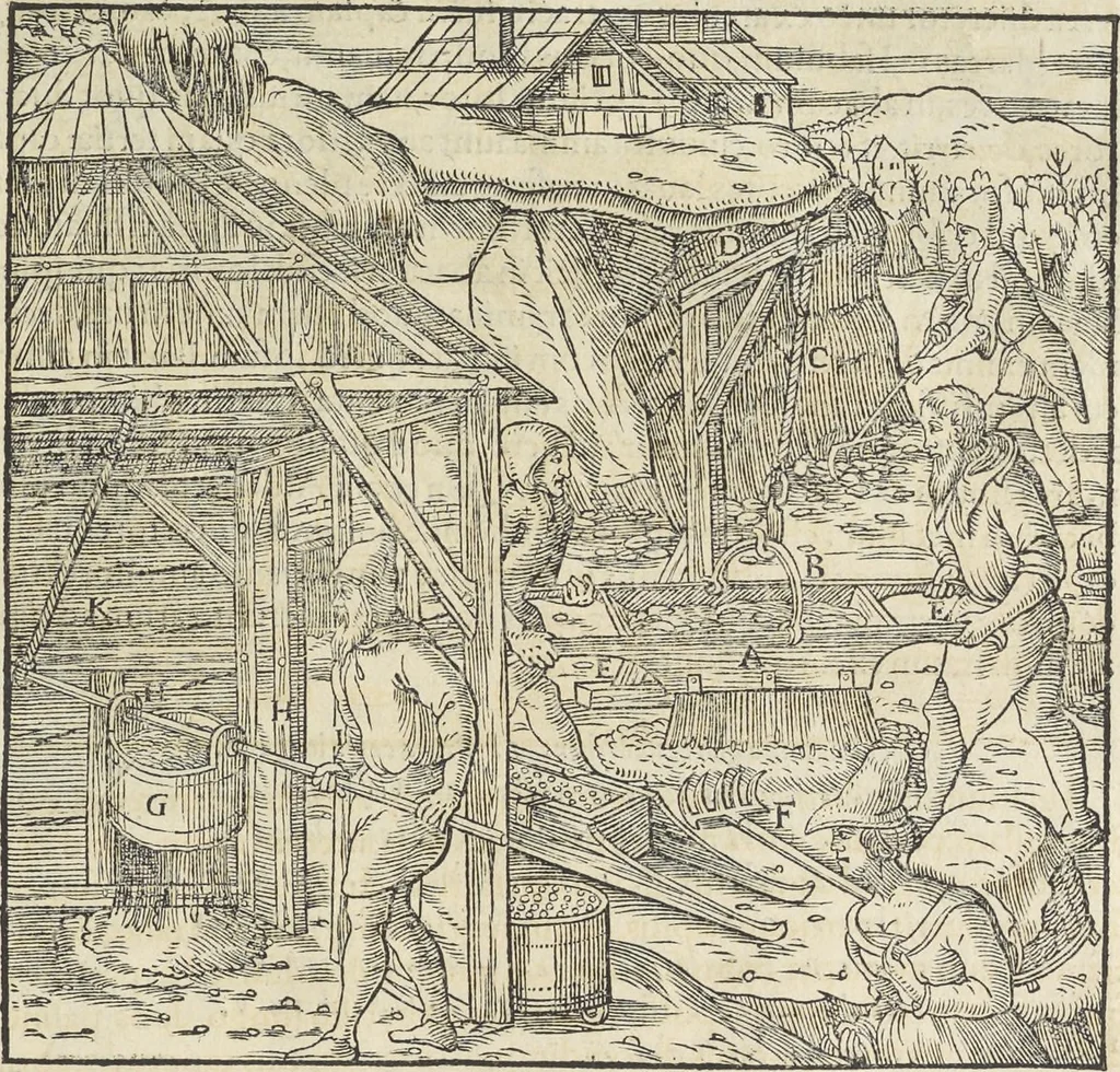 An illustration from Georgii Agricolae De re metallica : libri XII. Quibus officia, instrumenta, machinae, ac omnia deni[que] ad metallicam spectantia, non modo luculentissimè describuntur, sed & per effigies, suis locis infertas, adiunctis latinis, germanicis [que] appellationibus ita ob oculos ponuntur, ut clarius tradi non possint. ; Eiusdem De animantibus subterraneis liber,, 1556, leaf 244