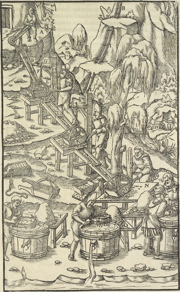 An illustration from Georgii Agricolae De re metallica : libri XII. Quibus officia, instrumenta, machinae, ac omnia deni[que] ad metallicam spectantia, non modo luculentissimè describuntur, sed & per effigies, suis locis infertas, adiunctis latinis, germanicis [que] appellationibus ita ob oculos ponuntur, ut clarius tradi non possint. ; Eiusdem De animantibus subterraneis liber,, 1556, leaf 246