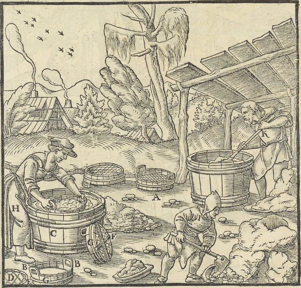 An illustration from Georgii Agricolae De re metallica : libri XII. Quibus officia, instrumenta, machinae, ac omnia deni[que] ad metallicam spectantia, non modo luculentissimè describuntur, sed & per effigies, suis locis infertas, adiunctis latinis, germanicis [que] appellationibus ita ob oculos ponuntur, ut clarius tradi non possint. ; Eiusdem De animantibus subterraneis liber,, 1556, leaf 247
