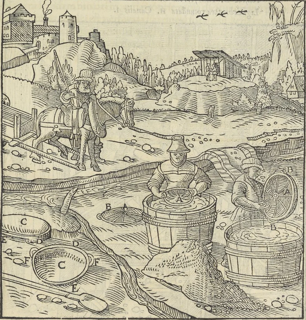 An illustration from Georgii Agricolae De re metallica : libri XII. Quibus officia, instrumenta, machinae, ac omnia deni[que] ad metallicam spectantia, non modo luculentissimè describuntur, sed & per effigies, suis locis infertas, adiunctis latinis, germanicis [que] appellationibus ita ob oculos ponuntur, ut clarius tradi non possint. ; Eiusdem De animantibus subterraneis liber,, 1556, leaf 248