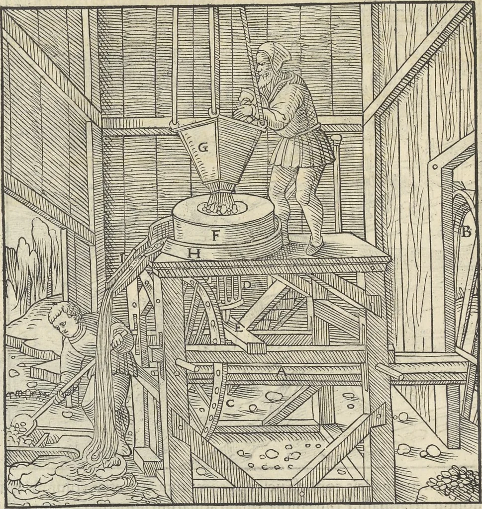 An illustration from Georgii Agricolae De re metallica : libri XII. Quibus officia, instrumenta, machinae, ac omnia deni[que] ad metallicam spectantia, non modo luculentissimè describuntur, sed & per effigies, suis locis infertas, adiunctis latinis, germanicis [que] appellationibus ita ob oculos ponuntur, ut clarius tradi non possint. ; Eiusdem De animantibus subterraneis liber,, 1556, leaf 249