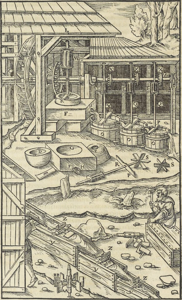 An illustration from Georgii Agricolae De re metallica : libri XII. Quibus officia, instrumenta, machinae, ac omnia deni[que] ad metallicam spectantia, non modo luculentissimè describuntur, sed & per effigies, suis locis infertas, adiunctis latinis, germanicis [que] appellationibus ita ob oculos ponuntur, ut clarius tradi non possint. ; Eiusdem De animantibus subterraneis liber,, 1556, leaf 253