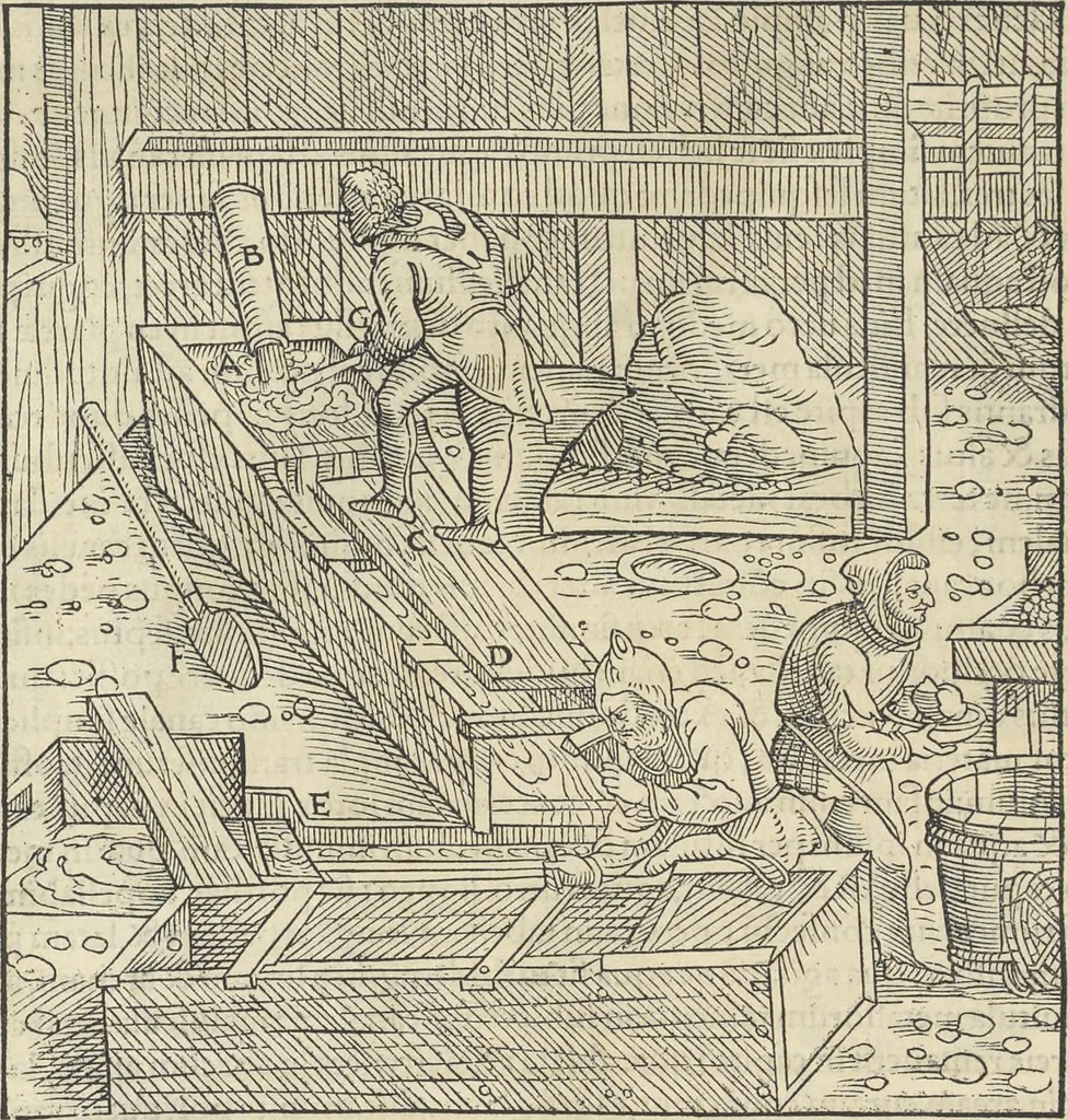 An illustration from Georgii Agricolae De re metallica : libri XII. Quibus officia, instrumenta, machinae, ac omnia deni[que] ad metallicam spectantia, non modo luculentissimè describuntur, sed & per effigies, suis locis infertas, adiunctis latinis, germanicis [que] appellationibus ita ob oculos ponuntur, ut clarius tradi non possint. ; Eiusdem De animantibus subterraneis liber,, 1556, leaf 255