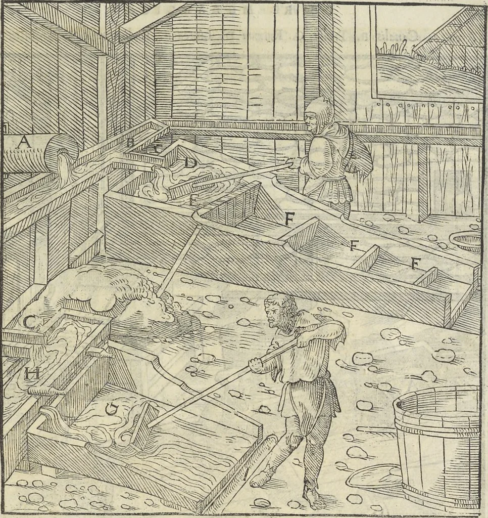An illustration from Georgii Agricolae De re metallica : libri XII. Quibus officia, instrumenta, machinae, ac omnia deni[que] ad metallicam spectantia, non modo luculentissimè describuntur, sed & per effigies, suis locis infertas, adiunctis latinis, germanicis [que] appellationibus ita ob oculos ponuntur, ut clarius tradi non possint. ; Eiusdem De animantibus subterraneis liber,, 1556, leaf 256