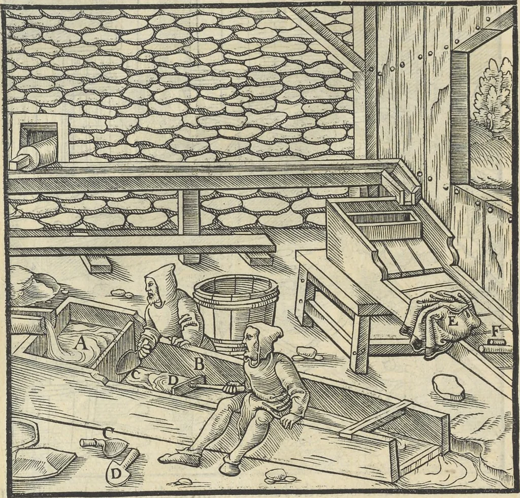 An illustration from Georgii Agricolae De re metallica : libri XII. Quibus officia, instrumenta, machinae, ac omnia deni[que] ad metallicam spectantia, non modo luculentissimè describuntur, sed & per effigies, suis locis infertas, adiunctis latinis, germanicis [que] appellationibus ita ob oculos ponuntur, ut clarius tradi non possint. ; Eiusdem De animantibus subterraneis liber,, 1556, leaf 257