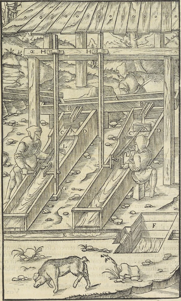 An illustration from Georgii Agricolae De re metallica : libri XII. Quibus officia, instrumenta, machinae, ac omnia deni[que] ad metallicam spectantia, non modo luculentissimè describuntur, sed & per effigies, suis locis infertas, adiunctis latinis, germanicis [que] appellationibus ita ob oculos ponuntur, ut clarius tradi non possint. ; Eiusdem De animantibus subterraneis liber,, 1556, leaf 258