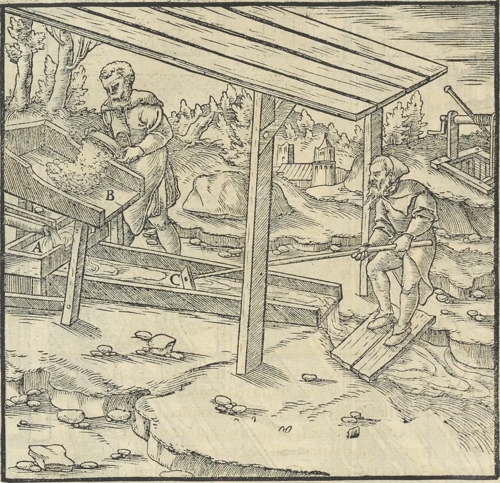 An illustration from Georgii Agricolae De re metallica : libri XII. Quibus officia, instrumenta, machinae, ac omnia deni[que] ad metallicam spectantia, non modo luculentissimè describuntur, sed & per effigies, suis locis infertas, adiunctis latinis, germanicis [que] appellationibus ita ob oculos ponuntur, ut clarius tradi non possint. ; Eiusdem De animantibus subterraneis liber,, 1556, leaf 259