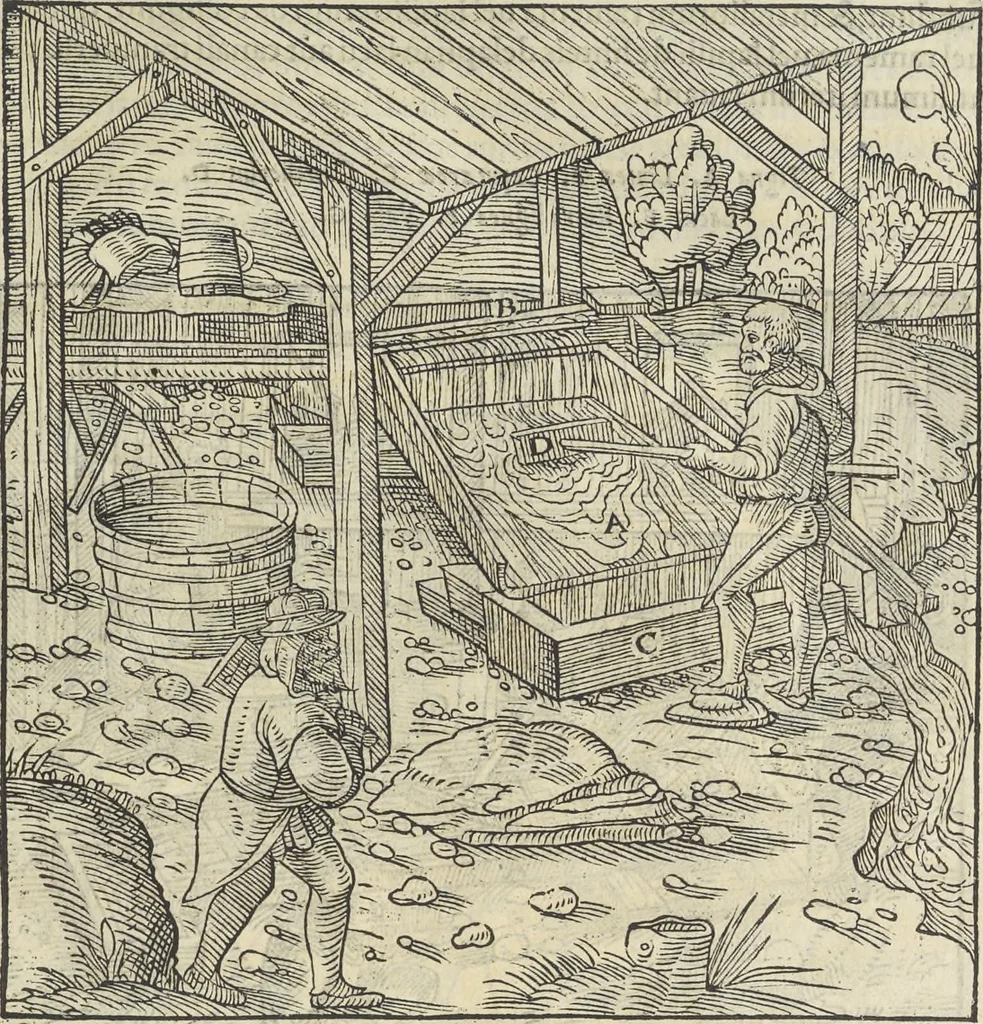 An illustration from Georgii Agricolae De re metallica : libri XII. Quibus officia, instrumenta, machinae, ac omnia deni[que] ad metallicam spectantia, non modo luculentissimè describuntur, sed & per effigies, suis locis infertas, adiunctis latinis, germanicis [que] appellationibus ita ob oculos ponuntur, ut clarius tradi non possint. ; Eiusdem De animantibus subterraneis liber,, 1556, leaf 260