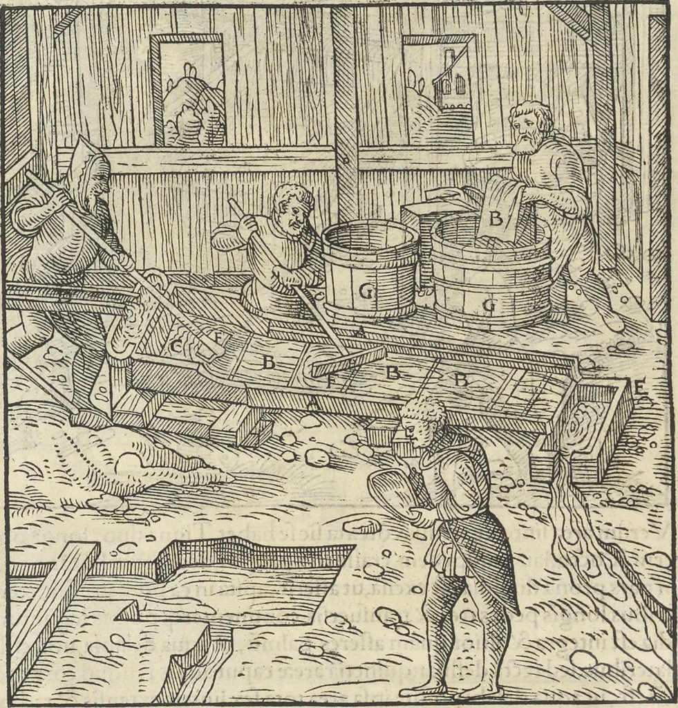An illustration from Georgii Agricolae De re metallica : libri XII. Quibus officia, instrumenta, machinae, ac omnia deni[que] ad metallicam spectantia, non modo luculentissimè describuntur, sed & per effigies, suis locis infertas, adiunctis latinis, germanicis [que] appellationibus ita ob oculos ponuntur, ut clarius tradi non possint. ; Eiusdem De animantibus subterraneis liber,, 1556, leaf 261