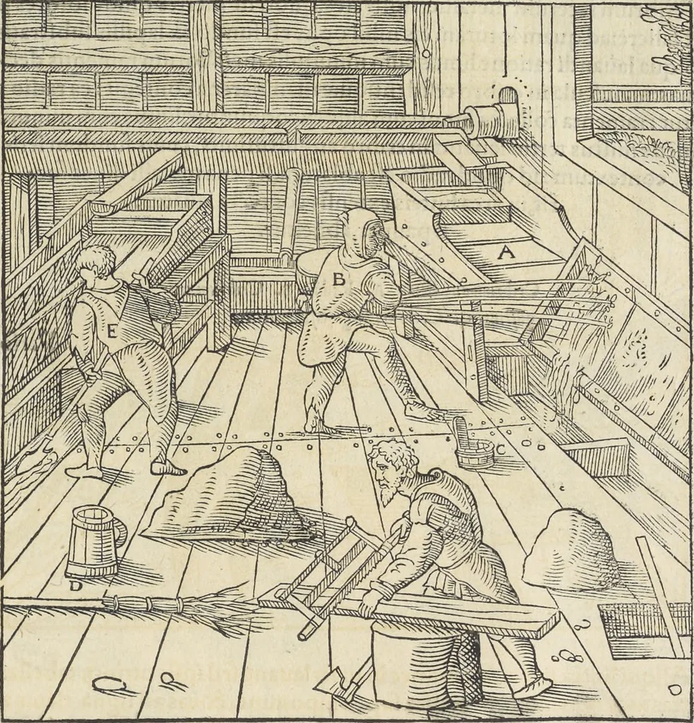 An illustration from Georgii Agricolae De re metallica : libri XII. Quibus officia, instrumenta, machinae, ac omnia deni[que] ad metallicam spectantia, non modo luculentissimè describuntur, sed & per effigies, suis locis infertas, adiunctis latinis, germanicis [que] appellationibus ita ob oculos ponuntur, ut clarius tradi non possint. ; Eiusdem De animantibus subterraneis liber,, 1556, leaf 262