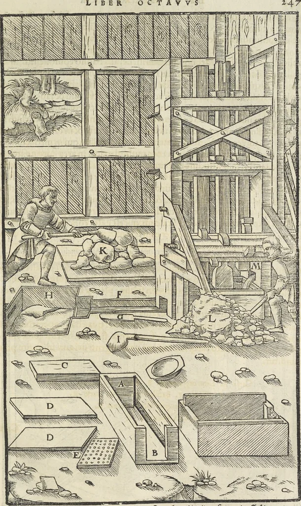 An illustration from Georgii Agricolae De re metallica : libri XII. Quibus officia, instrumenta, machinae, ac omnia deni[que] ad metallicam spectantia, non modo luculentissimè describuntur, sed & per effigies, suis locis infertas, adiunctis latinis, germanicis [que] appellationibus ita ob oculos ponuntur, ut clarius tradi non possint. ; Eiusdem De animantibus subterraneis liber,, 1556, leaf 264