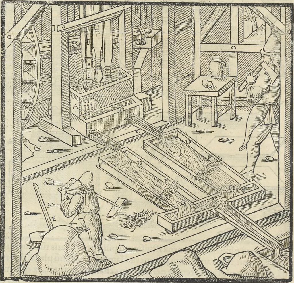 An illustration from Georgii Agricolae De re metallica : libri XII. Quibus officia, instrumenta, machinae, ac omnia deni[que] ad metallicam spectantia, non modo luculentissimè describuntur, sed & per effigies, suis locis infertas, adiunctis latinis, germanicis [que] appellationibus ita ob oculos ponuntur, ut clarius tradi non possint. ; Eiusdem De animantibus subterraneis liber,, 1556, leaf 265
