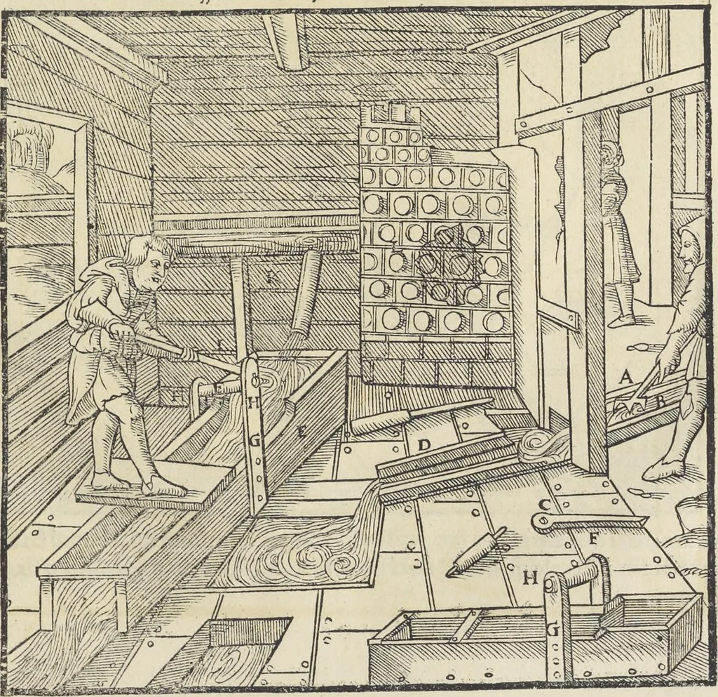 An illustration from Georgii Agricolae De re metallica : libri XII. Quibus officia, instrumenta, machinae, ac omnia deni[que] ad metallicam spectantia, non modo luculentissimè describuntur, sed & per effigies, suis locis infertas, adiunctis latinis, germanicis [que] appellationibus ita ob oculos ponuntur, ut clarius tradi non possint. ; Eiusdem De animantibus subterraneis liber,, 1556, leaf 266