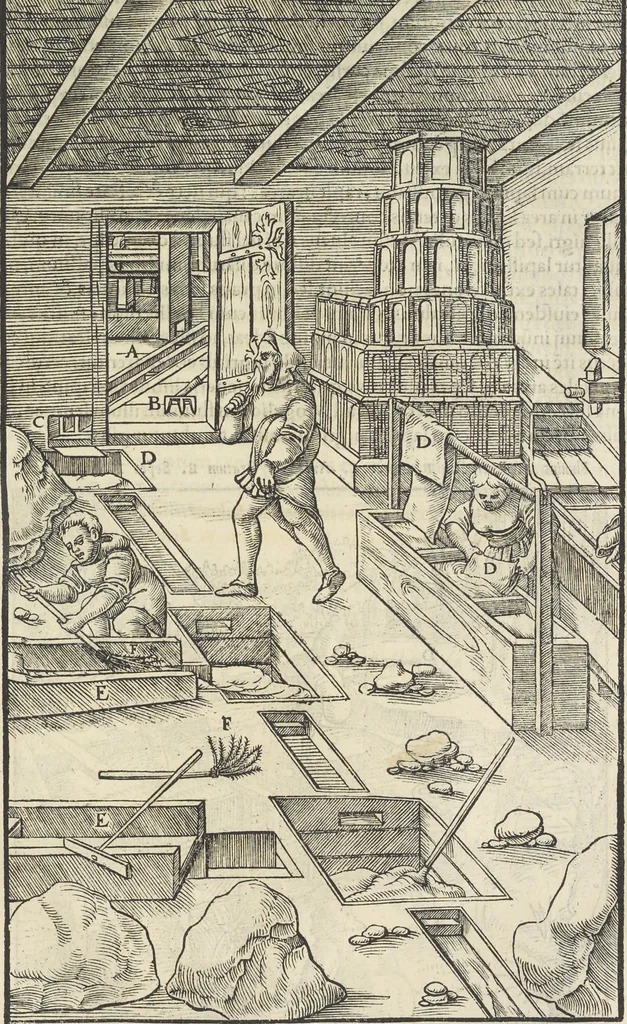 An illustration from Georgii Agricolae De re metallica : libri XII. Quibus officia, instrumenta, machinae, ac omnia deni[que] ad metallicam spectantia, non modo luculentissimè describuntur, sed & per effigies, suis locis infertas, adiunctis latinis, germanicis [que] appellationibus ita ob oculos ponuntur, ut clarius tradi non possint. ; Eiusdem De animantibus subterraneis liber,, 1556, leaf 268