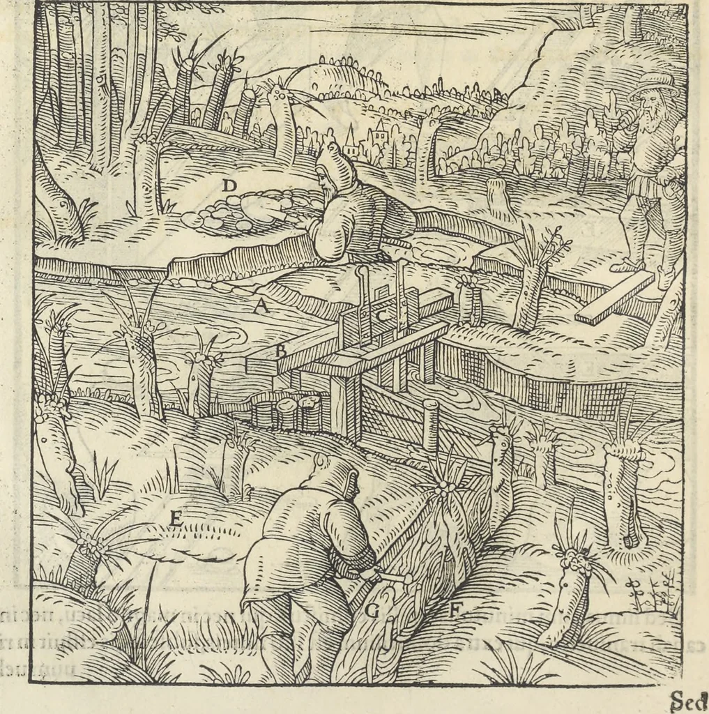 An illustration from Georgii Agricolae De re metallica : libri XII. Quibus officia, instrumenta, machinae, ac omnia deni[que] ad metallicam spectantia, non modo luculentissimè describuntur, sed & per effigies, suis locis infertas, adiunctis latinis, germanicis [que] appellationibus ita ob oculos ponuntur, ut clarius tradi non possint. ; Eiusdem De animantibus subterraneis liber,, 1556, leaf 269
