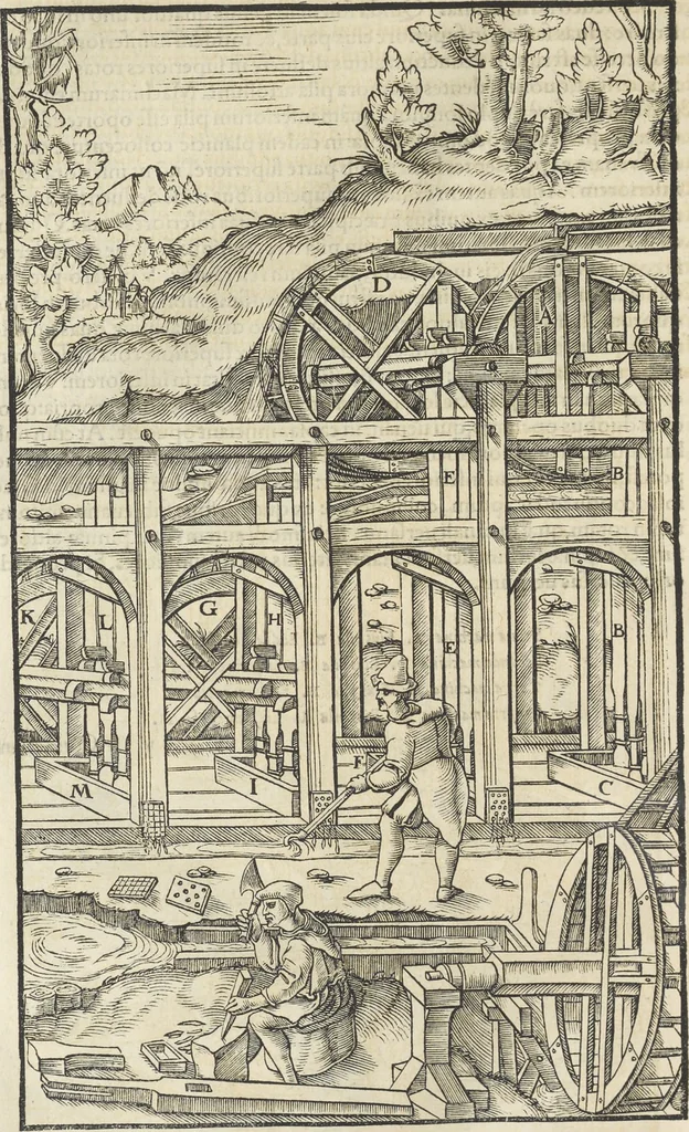 An illustration from Georgii Agricolae De re metallica : libri XII. Quibus officia, instrumenta, machinae, ac omnia deni[que] ad metallicam spectantia, non modo luculentissimè describuntur, sed & per effigies, suis locis infertas, adiunctis latinis, germanicis [que] appellationibus ita ob oculos ponuntur, ut clarius tradi non possint. ; Eiusdem De animantibus subterraneis liber,, 1556, leaf 271