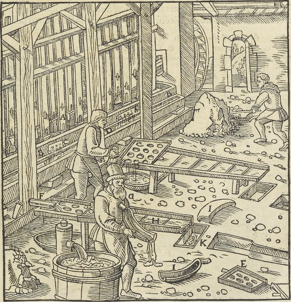 An illustration from Georgii Agricolae De re metallica : libri XII. Quibus officia, instrumenta, machinae, ac omnia deni[que] ad metallicam spectantia, non modo luculentissimè describuntur, sed & per effigies, suis locis infertas, adiunctis latinis, germanicis [que] appellationibus ita ob oculos ponuntur, ut clarius tradi non possint. ; Eiusdem De animantibus subterraneis liber,, 1556, leaf 272