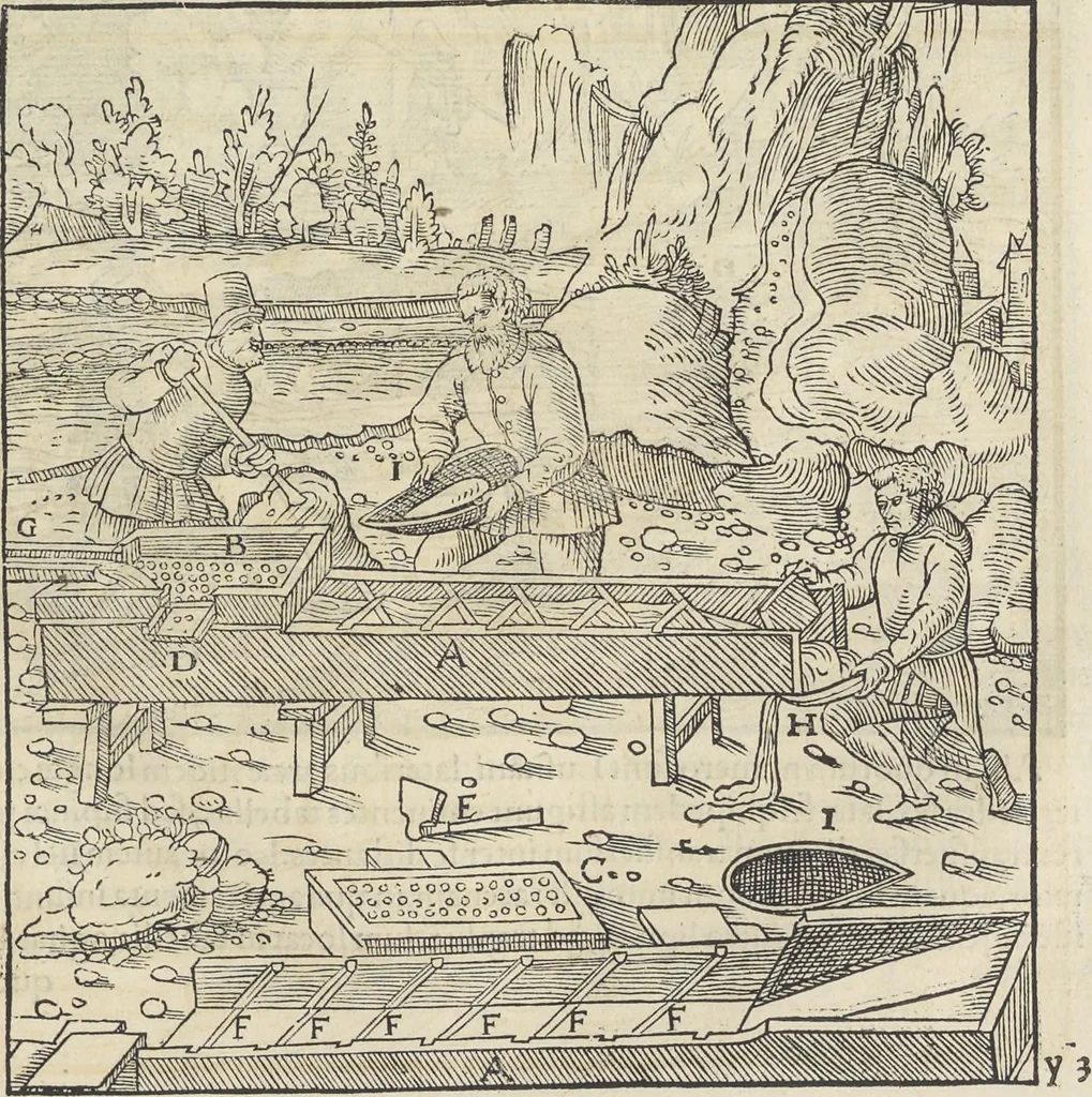 An illustration from Georgii Agricolae De re metallica : libri XII. Quibus officia, instrumenta, machinae, ac omnia deni[que] ad metallicam spectantia, non modo luculentissimè describuntur, sed & per effigies, suis locis infertas, adiunctis latinis, germanicis [que] appellationibus ita ob oculos ponuntur, ut clarius tradi non possint. ; Eiusdem De animantibus subterraneis liber,, 1556, leaf 274