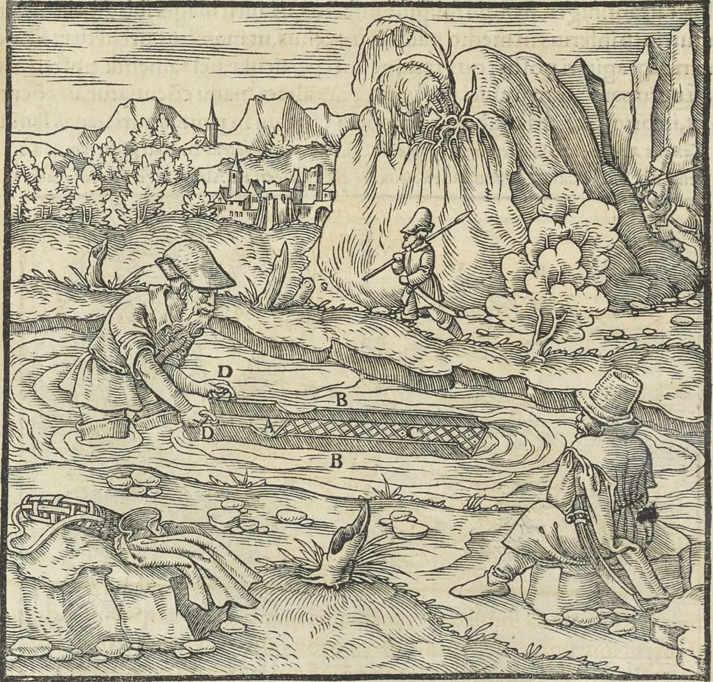 An illustration from Georgii Agricolae De re metallica : libri XII. Quibus officia, instrumenta, machinae, ac omnia deni[que] ad metallicam spectantia, non modo luculentissimè describuntur, sed & per effigies, suis locis infertas, adiunctis latinis, germanicis [que] appellationibus ita ob oculos ponuntur, ut clarius tradi non possint. ; Eiusdem De animantibus subterraneis liber,, 1556, leaf 275