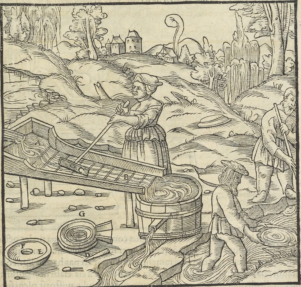 An illustration from Georgii Agricolae De re metallica : libri XII. Quibus officia, instrumenta, machinae, ac omnia deni[que] ad metallicam spectantia, non modo luculentissimè describuntur, sed & per effigies, suis locis infertas, adiunctis latinis, germanicis [que] appellationibus ita ob oculos ponuntur, ut clarius tradi non possint. ; Eiusdem De animantibus subterraneis liber,, 1556, leaf 276