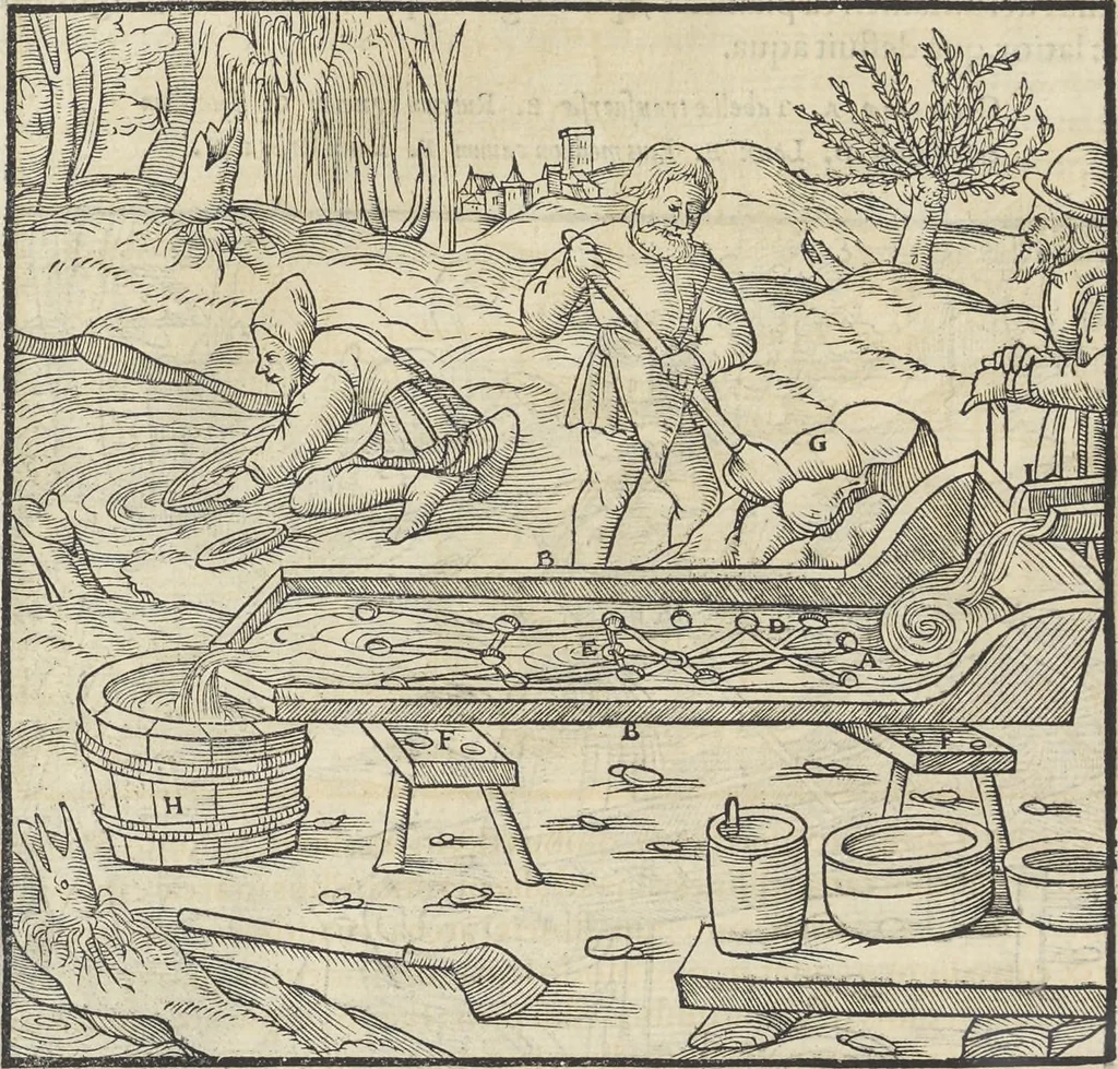 An illustration from Georgii Agricolae De re metallica : libri XII. Quibus officia, instrumenta, machinae, ac omnia deni[que] ad metallicam spectantia, non modo luculentissimè describuntur, sed & per effigies, suis locis infertas, adiunctis latinis, germanicis [que] appellationibus ita ob oculos ponuntur, ut clarius tradi non possint. ; Eiusdem De animantibus subterraneis liber,, 1556, leaf 277