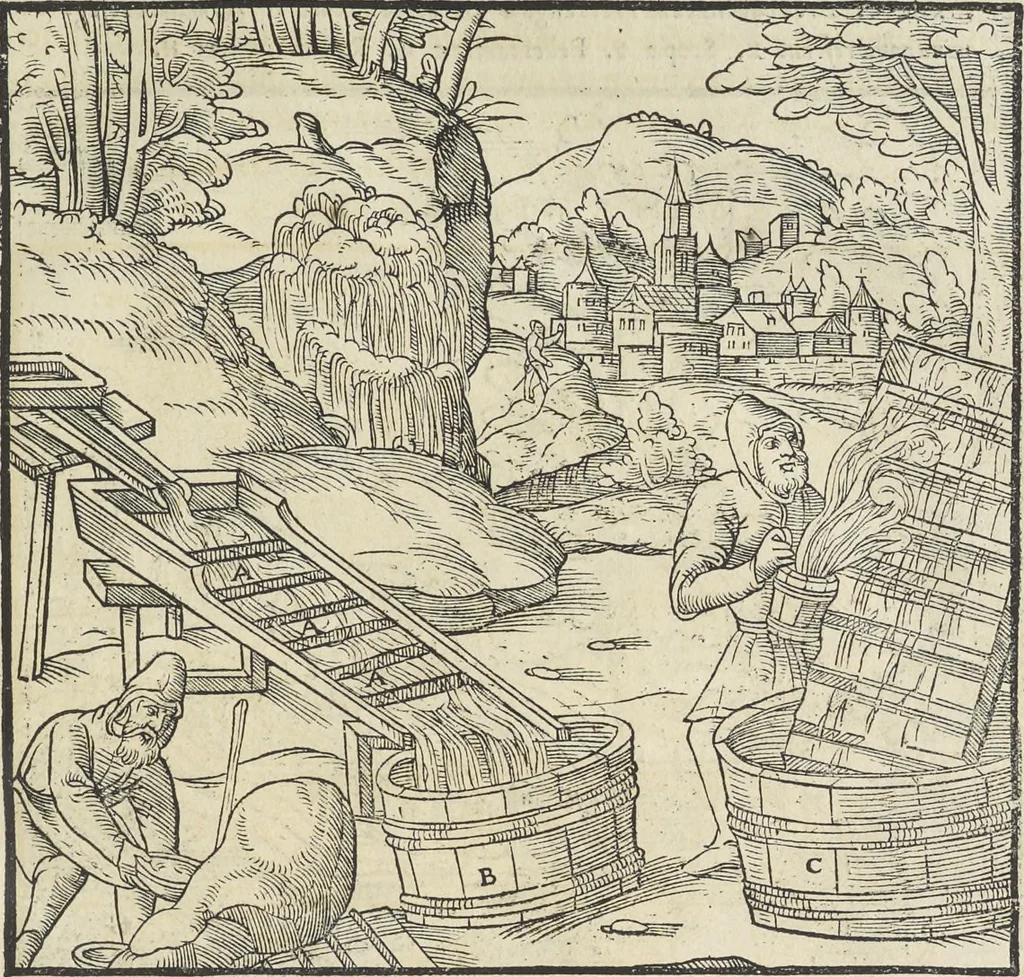 An illustration from Georgii Agricolae De re metallica : libri XII. Quibus officia, instrumenta, machinae, ac omnia deni[que] ad metallicam spectantia, non modo luculentissimè describuntur, sed & per effigies, suis locis infertas, adiunctis latinis, germanicis [que] appellationibus ita ob oculos ponuntur, ut clarius tradi non possint. ; Eiusdem De animantibus subterraneis liber,, 1556, leaf 278