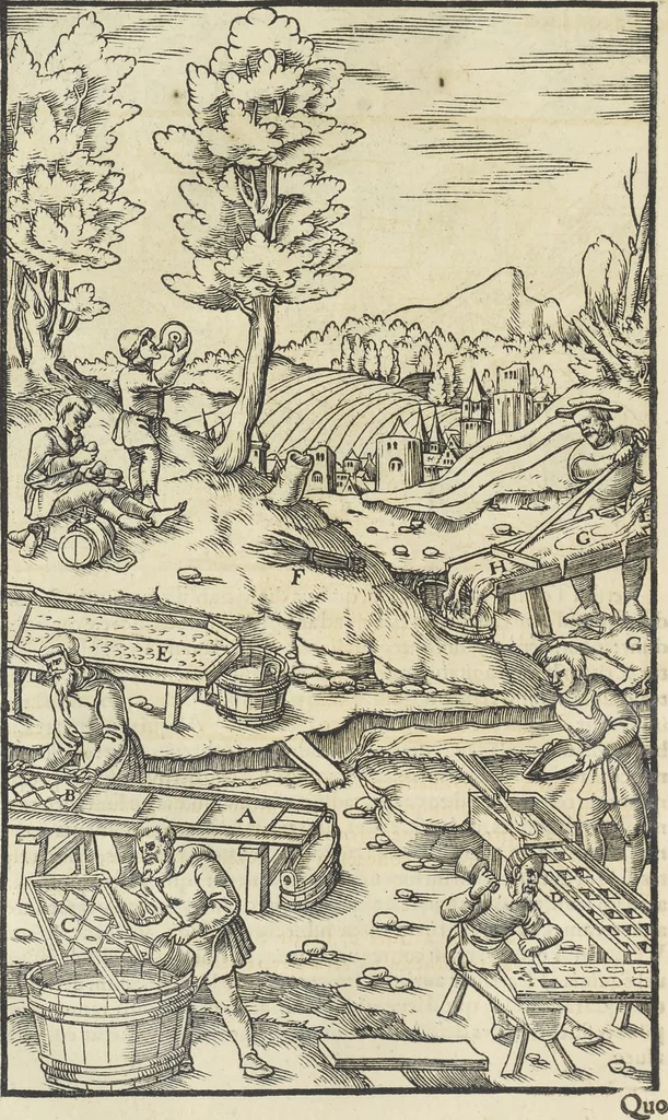 An illustration from Georgii Agricolae De re metallica : libri XII. Quibus officia, instrumenta, machinae, ac omnia deni[que] ad metallicam spectantia, non modo luculentissimè describuntur, sed & per effigies, suis locis infertas, adiunctis latinis, germanicis [que] appellationibus ita ob oculos ponuntur, ut clarius tradi non possint. ; Eiusdem De animantibus subterraneis liber,, 1556, leaf 279
