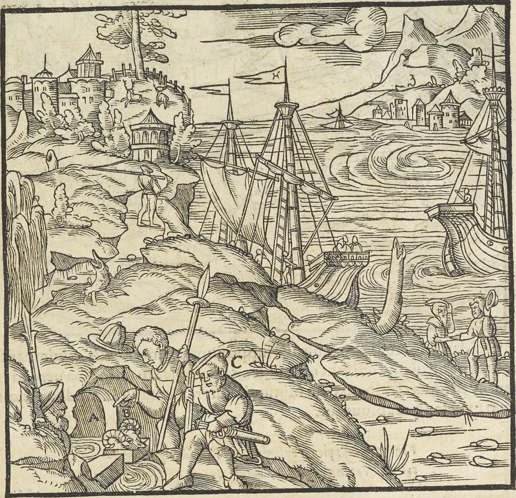 An illustration from Georgii Agricolae De re metallica : libri XII. Quibus officia, instrumenta, machinae, ac omnia deni[que] ad metallicam spectantia, non modo luculentissimè describuntur, sed & per effigies, suis locis infertas, adiunctis latinis, germanicis [que] appellationibus ita ob oculos ponuntur, ut clarius tradi non possint. ; Eiusdem De animantibus subterraneis liber,, 1556, leaf 280