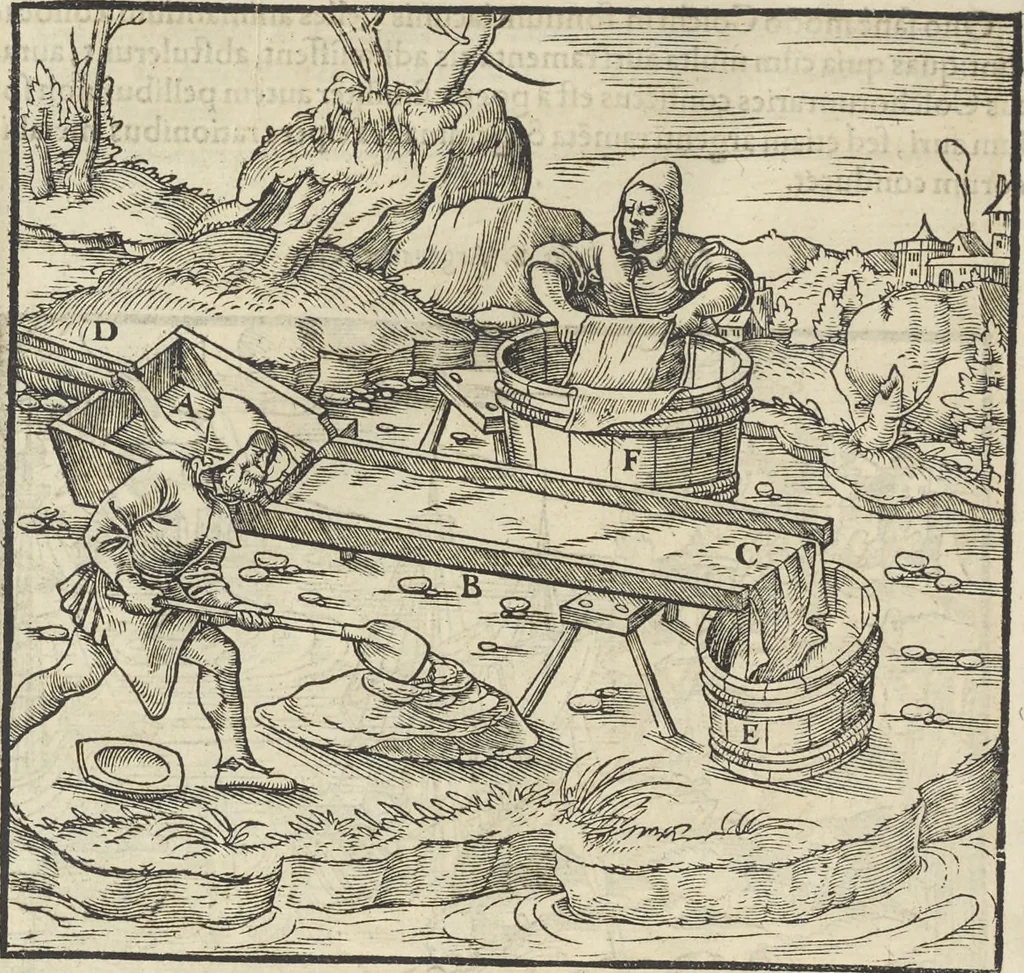 An illustration from Georgii Agricolae De re metallica : libri XII. Quibus officia, instrumenta, machinae, ac omnia deni[que] ad metallicam spectantia, non modo luculentissimè describuntur, sed & per effigies, suis locis infertas, adiunctis latinis, germanicis [que] appellationibus ita ob oculos ponuntur, ut clarius tradi non possint. ; Eiusdem De animantibus subterraneis liber,, 1556, leaf 281