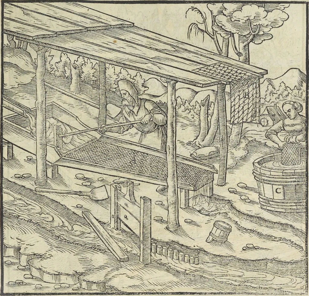 An illustration from Georgii Agricolae De re metallica : libri XII. Quibus officia, instrumenta, machinae, ac omnia deni[que] ad metallicam spectantia, non modo luculentissimè describuntur, sed & per effigies, suis locis infertas, adiunctis latinis, germanicis [que] appellationibus ita ob oculos ponuntur, ut clarius tradi non possint. ; Eiusdem De animantibus subterraneis liber,, 1556, leaf 282