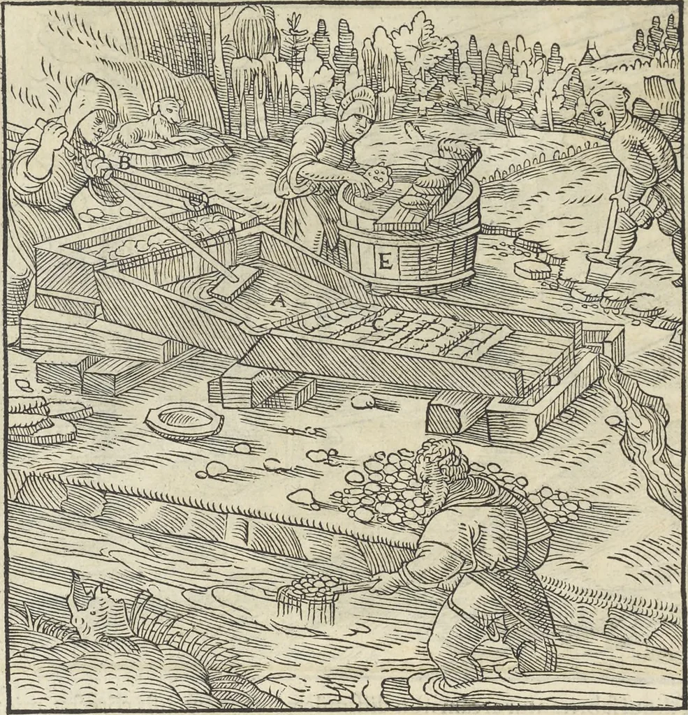 An illustration from Georgii Agricolae De re metallica : libri XII. Quibus officia, instrumenta, machinae, ac omnia deni[que] ad metallicam spectantia, non modo luculentissimè describuntur, sed & per effigies, suis locis infertas, adiunctis latinis, germanicis [que] appellationibus ita ob oculos ponuntur, ut clarius tradi non possint. ; Eiusdem De animantibus subterraneis liber,, 1556, leaf 283