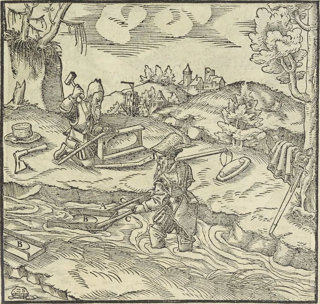 An illustration from Georgii Agricolae De re metallica : libri XII. Quibus officia, instrumenta, machinae, ac omnia deni[que] ad metallicam spectantia, non modo luculentissimè describuntur, sed & per effigies, suis locis infertas, adiunctis latinis, germanicis [que] appellationibus ita ob oculos ponuntur, ut clarius tradi non possint. ; Eiusdem De animantibus subterraneis liber,, 1556, leaf 284