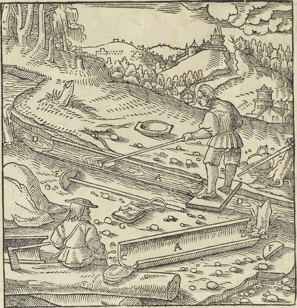 An illustration from Georgii Agricolae De re metallica : libri XII. Quibus officia, instrumenta, machinae, ac omnia deni[que] ad metallicam spectantia, non modo luculentissimè describuntur, sed & per effigies, suis locis infertas, adiunctis latinis, germanicis [que] appellationibus ita ob oculos ponuntur, ut clarius tradi non possint. ; Eiusdem De animantibus subterraneis liber,, 1556, leaf 285