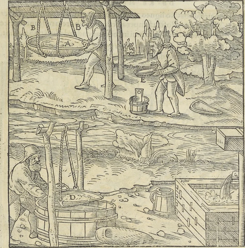 An illustration from Georgii Agricolae De re metallica : libri XII. Quibus officia, instrumenta, machinae, ac omnia deni[que] ad metallicam spectantia, non modo luculentissimè describuntur, sed & per effigies, suis locis infertas, adiunctis latinis, germanicis [que] appellationibus ita ob oculos ponuntur, ut clarius tradi non possint. ; Eiusdem De animantibus subterraneis liber,, 1556, leaf 286