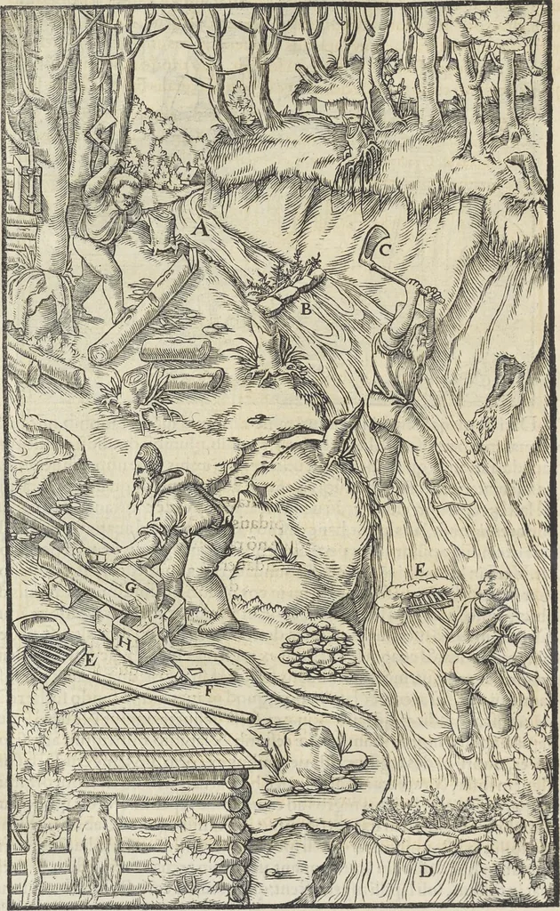 An illustration from Georgii Agricolae De re metallica : libri XII. Quibus officia, instrumenta, machinae, ac omnia deni[que] ad metallicam spectantia, non modo luculentissimè describuntur, sed & per effigies, suis locis infertas, adiunctis latinis, germanicis [que] appellationibus ita ob oculos ponuntur, ut clarius tradi non possint. ; Eiusdem De animantibus subterraneis liber,, 1556, leaf 287
