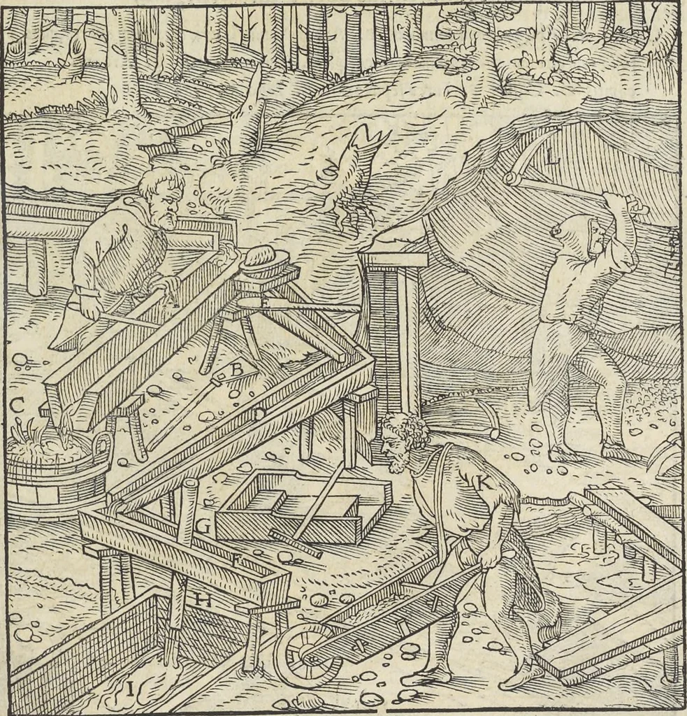 An illustration from Georgii Agricolae De re metallica : libri XII. Quibus officia, instrumenta, machinae, ac omnia deni[que] ad metallicam spectantia, non modo luculentissimè describuntur, sed & per effigies, suis locis infertas, adiunctis latinis, germanicis [que] appellationibus ita ob oculos ponuntur, ut clarius tradi non possint. ; Eiusdem De animantibus subterraneis liber,, 1556, leaf 288