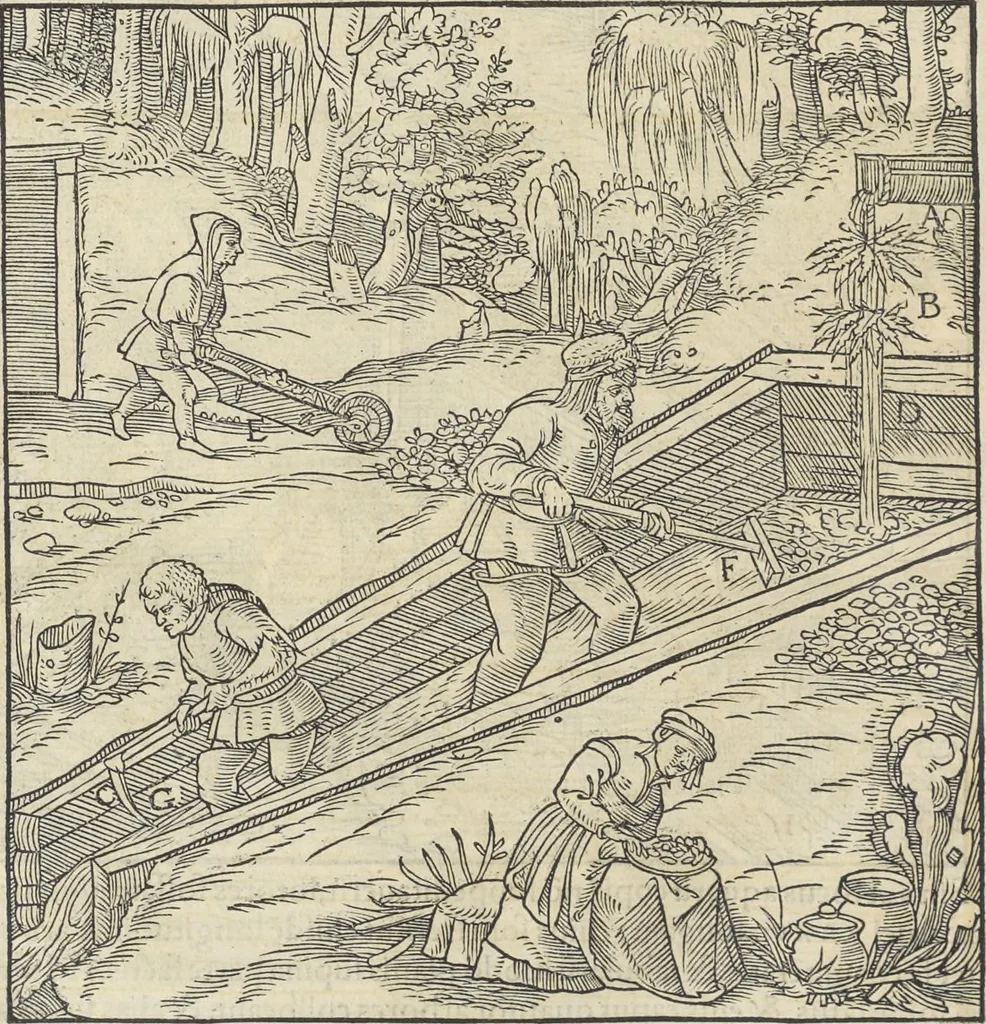An illustration from Georgii Agricolae De re metallica : libri XII. Quibus officia, instrumenta, machinae, ac omnia deni[que] ad metallicam spectantia, non modo luculentissimè describuntur, sed & per effigies, suis locis infertas, adiunctis latinis, germanicis [que] appellationibus ita ob oculos ponuntur, ut clarius tradi non possint. ; Eiusdem De animantibus subterraneis liber,, 1556, leaf 289